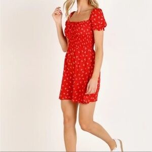 Mini Red Floral Mini Dress With Tie In front. EUC. Size L